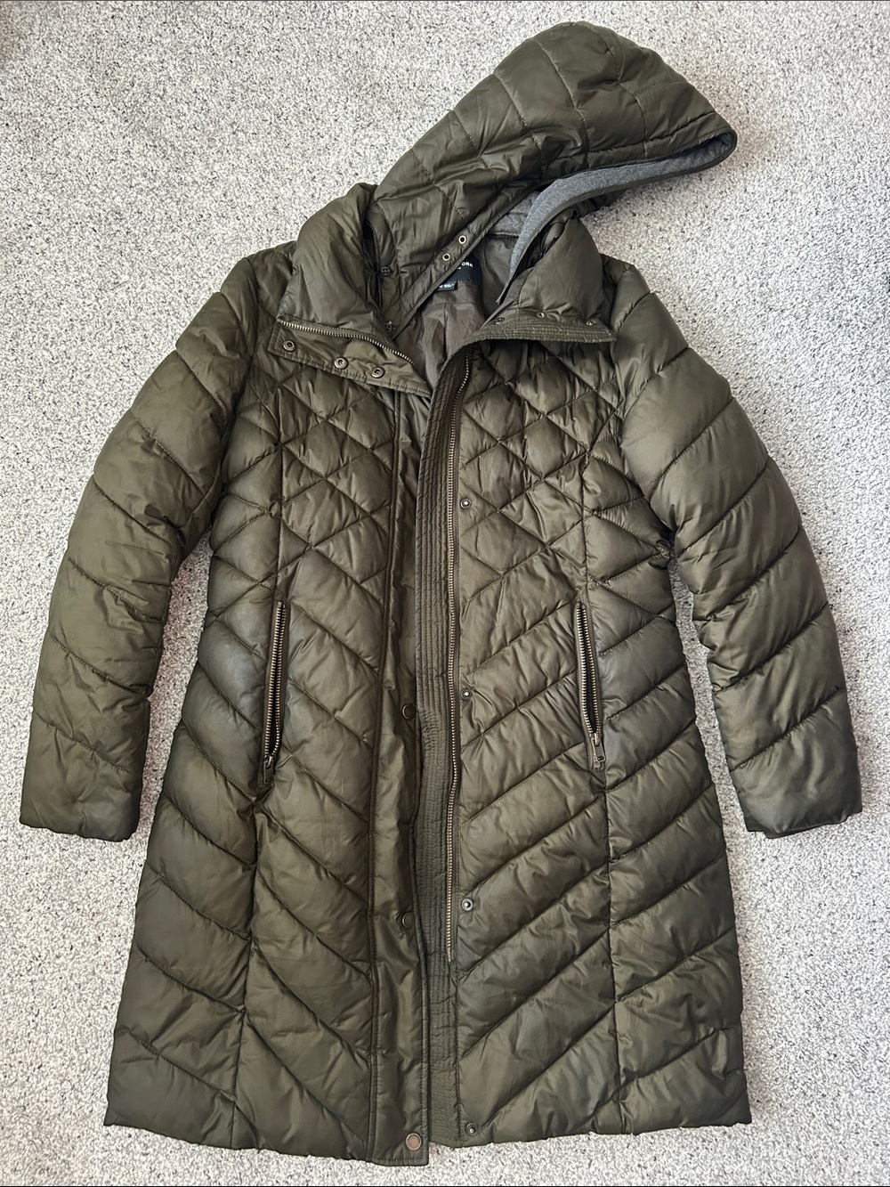 Quilted Long Hooded Puffer Coat in Olive